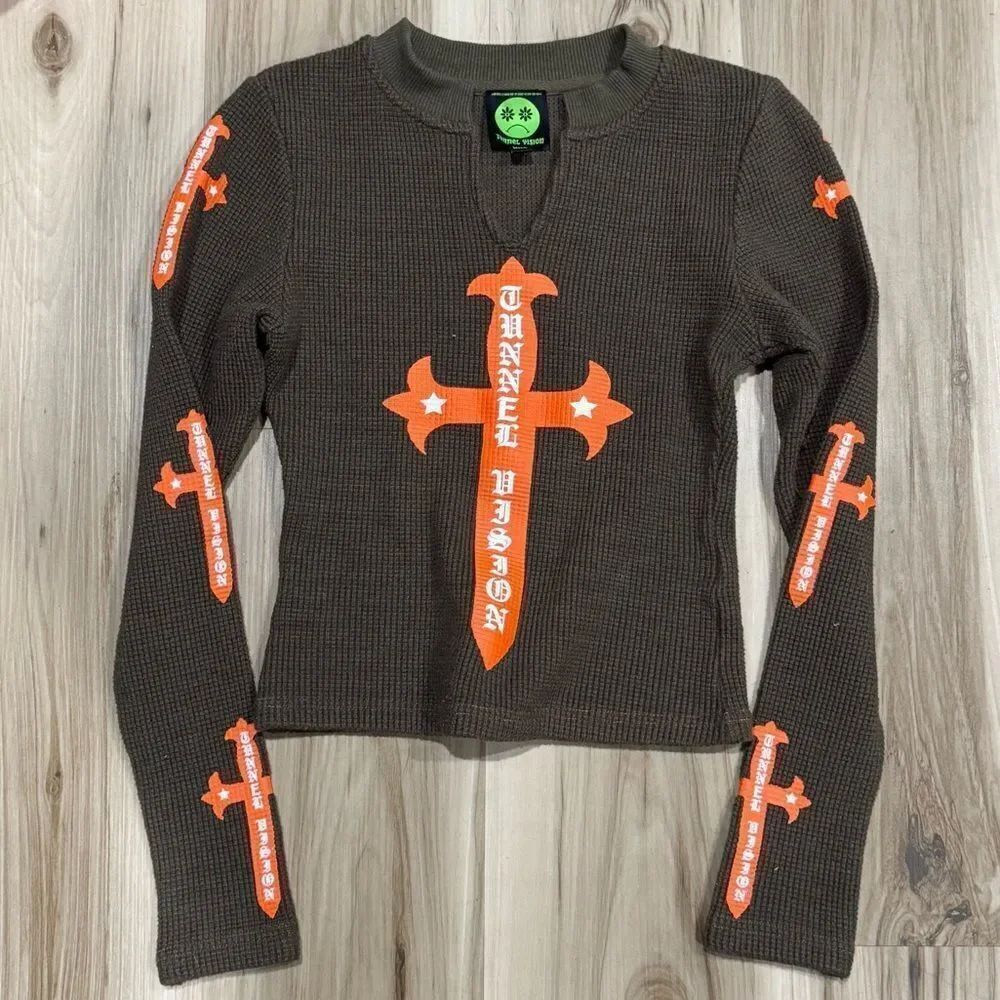 Tunnel Vision Cropped Waffle Knit Cross Long Sleeve Shirt Women’s XXS